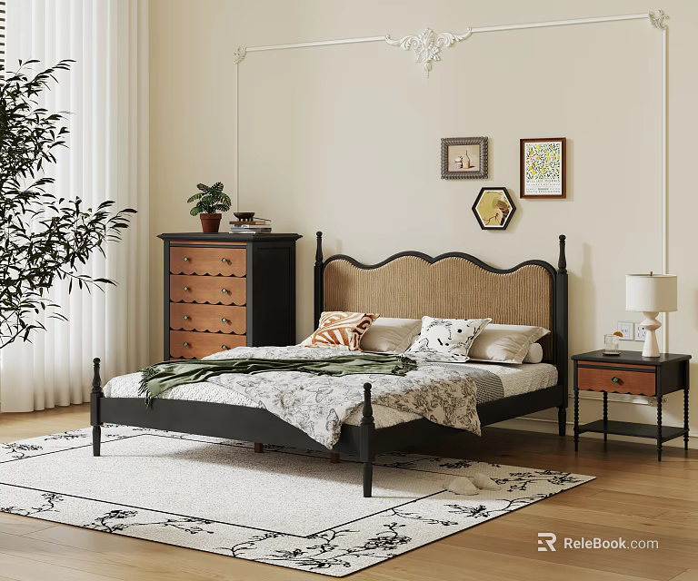 Modern Double Bed With Black Frame Rattan Headboard And Nightstand Table Lamp 3d model 