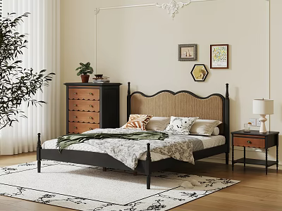 Modern Double Bed With Black Frame Rattan Headboard And Nightstand Table Lamp 3d model