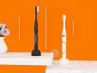 Black and White Electric Toothbrushes on Shelf with Orange Background and White Vase 3d model