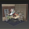 Cartoon Scene of Little Rabbit in Cozy Room with Bed Desk Gift Box and Green Plant