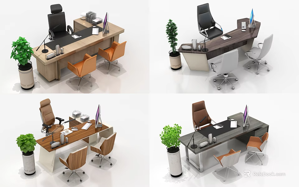Modern Office Desk Setup With Ergonomic Chairs Green Plants Computer Monitors And Office Supplies 3d model 