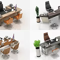Modern Office Desk Setup With Ergonomic Chairs Green Plants Computer Monitors And Office Supplies