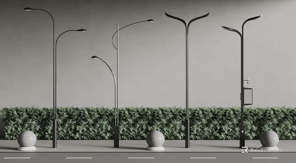 Modern Outdoor Street Lights Along Roadside With Green Hedge And Sphere Ornament 3d model 