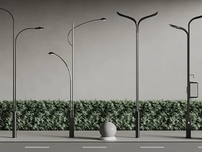 Modern Outdoor Street Lights Along Roadside With Green Hedge And Sphere Ornament 3d model