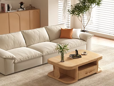Beige Sofa And Wooden Coffee Table Set With Green Plant And Natural Light 3d model