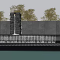 Modern Feature Wall with Cascading Water Flow and Reflecting Pool Surrounded by Trees 3d model
