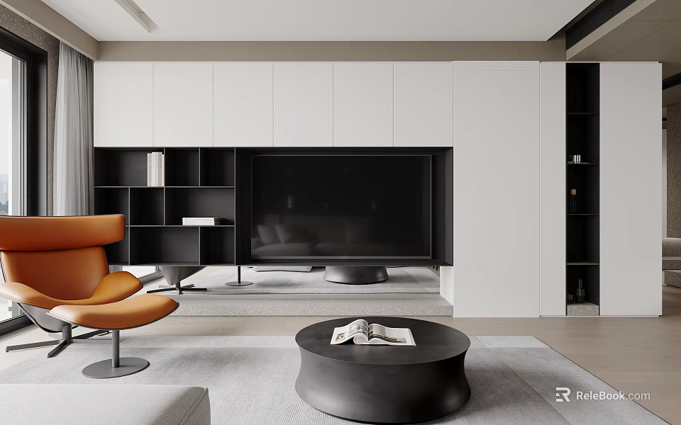 Modern Living Dining Room Interior With White Cabinets Black TV Wall And Orange Chair 3d model 