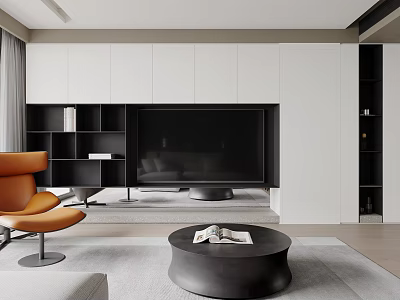 Modern Living Dining Room Interior With White Cabinets Black TV Wall And Orange Chair 3d model