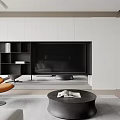 Modern Living Dining Room Interior With White Cabinets Black TV Wall And Orange Chair