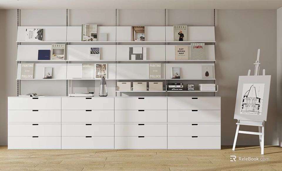 Modern White Bookshelf Interior With Multiple Shelves Books Magazines Decorative Items And Drawers 3d model 