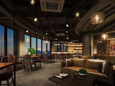 Modern Café Interior Design With Cozy Sofa Wooden Tables And Warm Lighting 3d model
