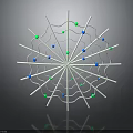 White Radial Decorative Structure With Extending Lines And Colorful Balls On Black Background