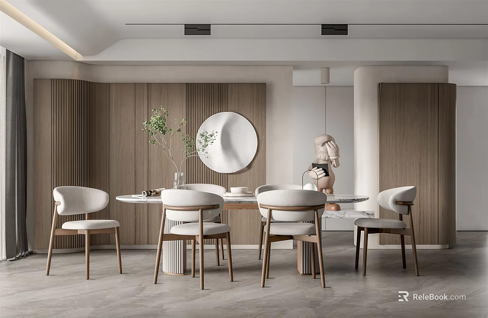 Modern Restaurant Interior With Round Table White Chairs Wooden Walls Round Mirror And Green Plant 3d model 