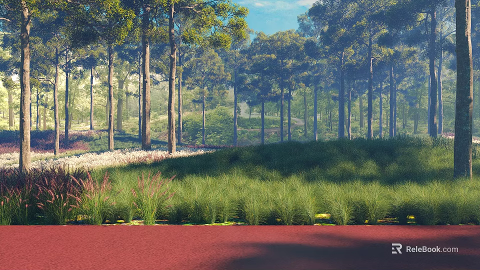 Tall Arbor Trees in Lush Green Landscape With Grassland and Blue Sky 3d model 