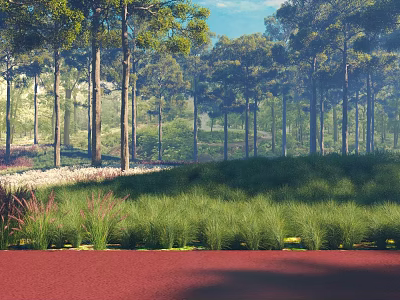 Tall Arbor Trees in Lush Green Landscape With Grassland and Blue Sky 3d model