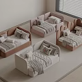 Four Baby Beds In Brown Pink Beige With Pillows And Blankets Light Room Wooden Floor