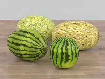Fresh Juicy Watermelon and Ripe Sweet Cantaloupe on Wooden Table 3d model