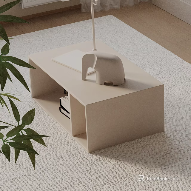 Modern Beige Bedside Table With Elephant Decor Table Lamp Books And Green Plant 3d model 