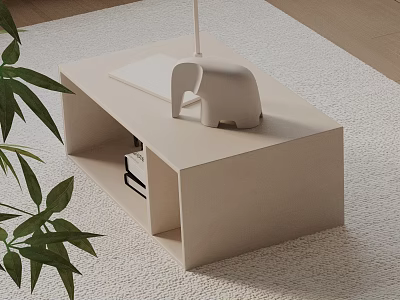 Modern Beige Bedside Table With Elephant Decor Table Lamp Books And Green Plant 3d model