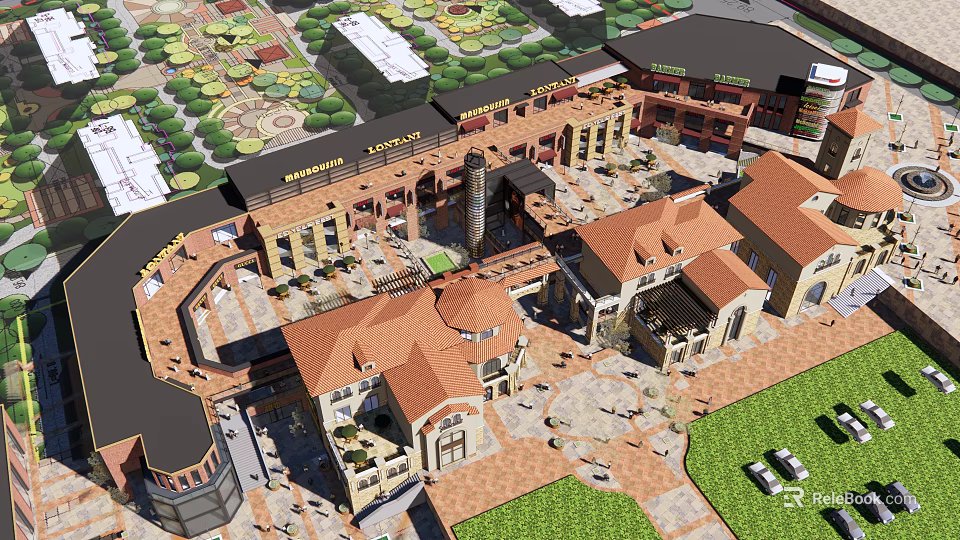 Vibrant Commercial Street With Plaza Buildings Pedestrian Area And Lush Greenery 3d model 