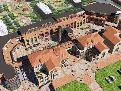 Vibrant Commercial Street With Plaza Buildings Pedestrian Area And Lush Greenery 3d model