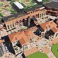Vibrant Commercial Street With Plaza Buildings Pedestrian Area And Lush Greenery