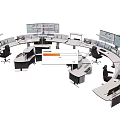Office Desks In Curved Arrangement With Multiple Monitors And Control Panels 3d model
