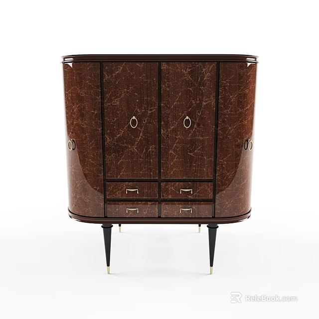 Elegant Dark Brown Console Cabinet with Glossy Surface Doors Drawers Black Legs Gold Accents 3d model 