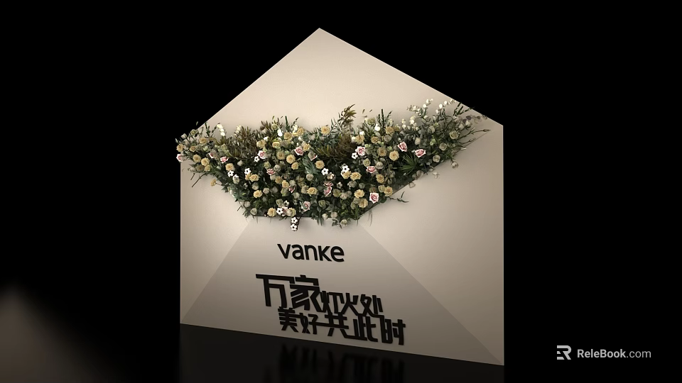 Floral Display Art Installation With White Green Small Flowers On White Structure 3d model 