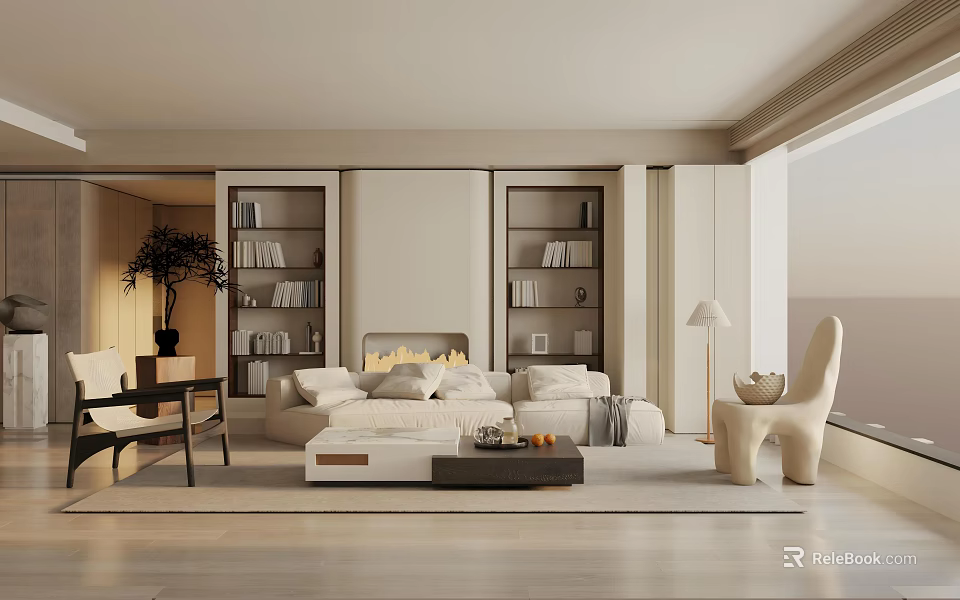 Modern Minimalist Living Room Interior With White Sofa Wooden Bookshelves And Floor To Ceiling Windows 3d model 
