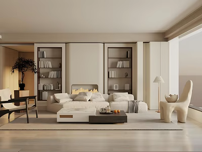 Modern Minimalist Living Room Interior With White Sofa Wooden Bookshelves And Floor To Ceiling Windows 3d model