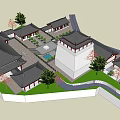 Traditional Chinese Ancient Architecture Featuring Red Exterior Black Roof Curved Eaves And Stone Steps