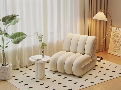 Cozy Living Room Corner With Beige Caterpillar Sofa Small White Table And Large Leaf Plant 3d model