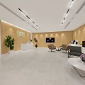 Modern Office Reception Area With Sofa Chairs Plants Wooden Wall And TV Screen