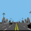Modern Arch Bridge with Street Lamps Cars Pedestrians and Blue Sky View