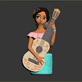 Woman With Long Black Hair Red Flower Hair Decoration Pink Top Blue Skirt Holding Guitar With Red Patterns
