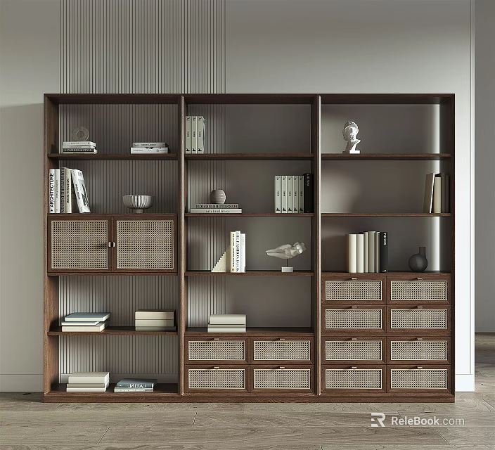 Dark Brown Wooden Bookcase With Shelves Drawers Woven Doors And Decorative Books 3d model 