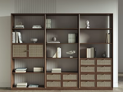 Dark Brown Wooden Bookcase With Shelves Drawers Woven Doors And Decorative Books 3d model