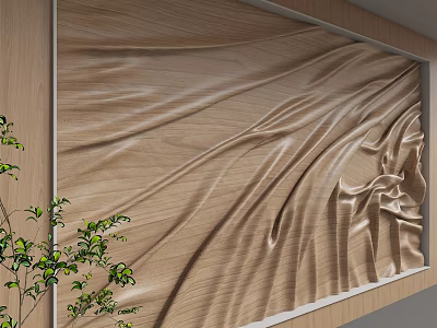 Natural Wood Grain Background Wall With Textured Wavy Pattern And Green Plants 3d model