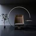 Modern Leisure Chair With Wooden Geometric Backrest Gray Cushion Circular LED Light And Green Plant