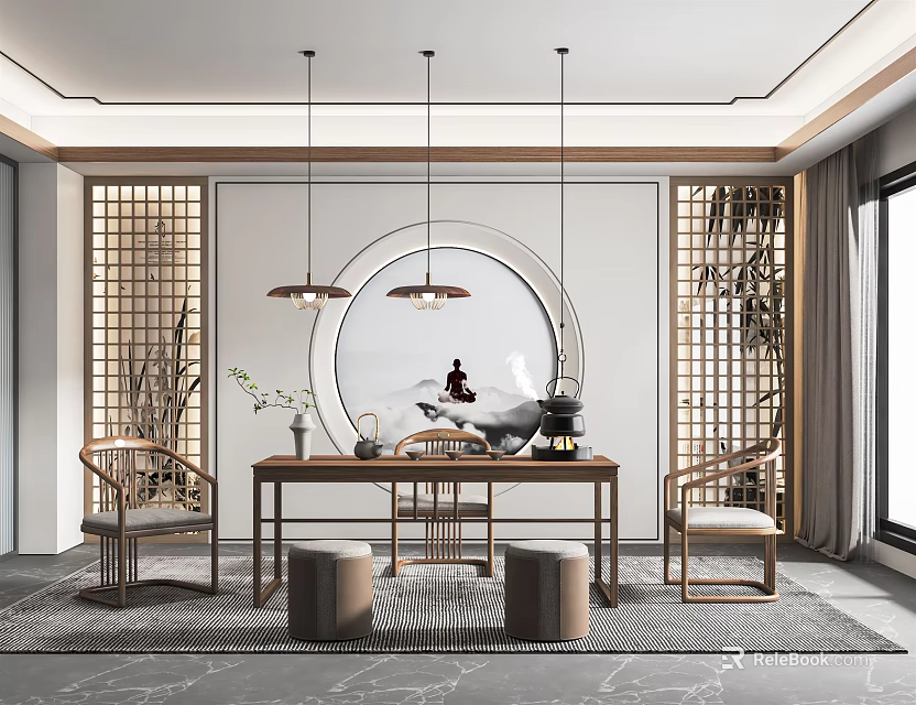 Traditional Chinese Tea Room Interior With Wooden Table Chairs Lattice Screens And Circular Decor 3d model 