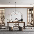 Traditional Chinese Tea Room Interior With Wooden Table Chairs Lattice Screens And Circular Decor