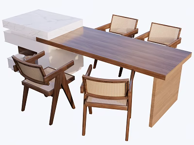 Modern Minimalist Bar Area With Walnut Tabletop Bar Counter White Base And Wicker Chairs 3d model