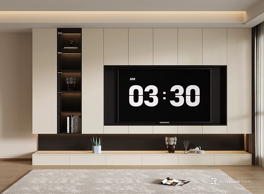 Modern Minimalist TV Cabinet With White Storage Shelves Wooden Base And Decorative Items 3d model 