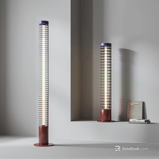 Modern Slim Floor Lamp with Grid Pattern Red Base and Blue Top in Minimalist Interior 3d model