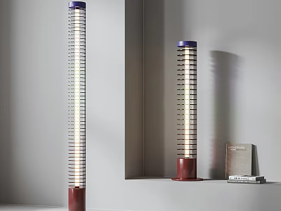 Modern Slim Floor Lamp with Grid Pattern Red Base and Blue Top in Minimalist Interior 3d model
