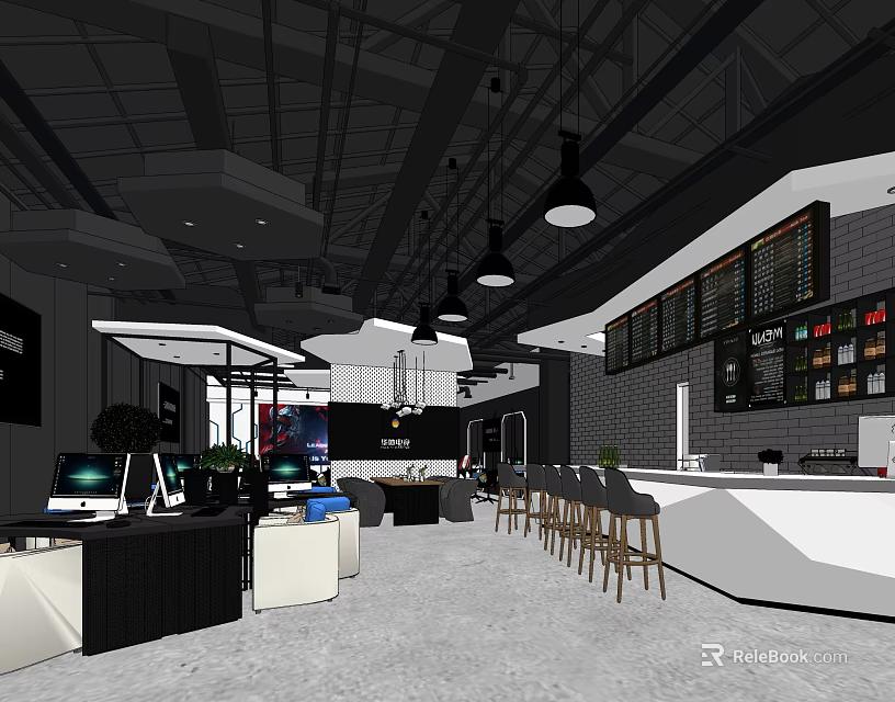 Modern Internet Cafe Interior With Computers Tables Bar Counter And Menu Screens 3d model 