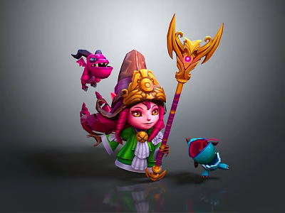 Pink Haired Character With Golden Headdress Holding Golden Staff And Purple Horned Blue Creatures 3d model