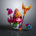 Pink Haired Character With Golden Headdress Holding Golden Staff And Purple Horned Blue Creatures