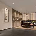 Modern Minimalist Gallery Interior With Paintings On Walls Shelving And Dark Flooring